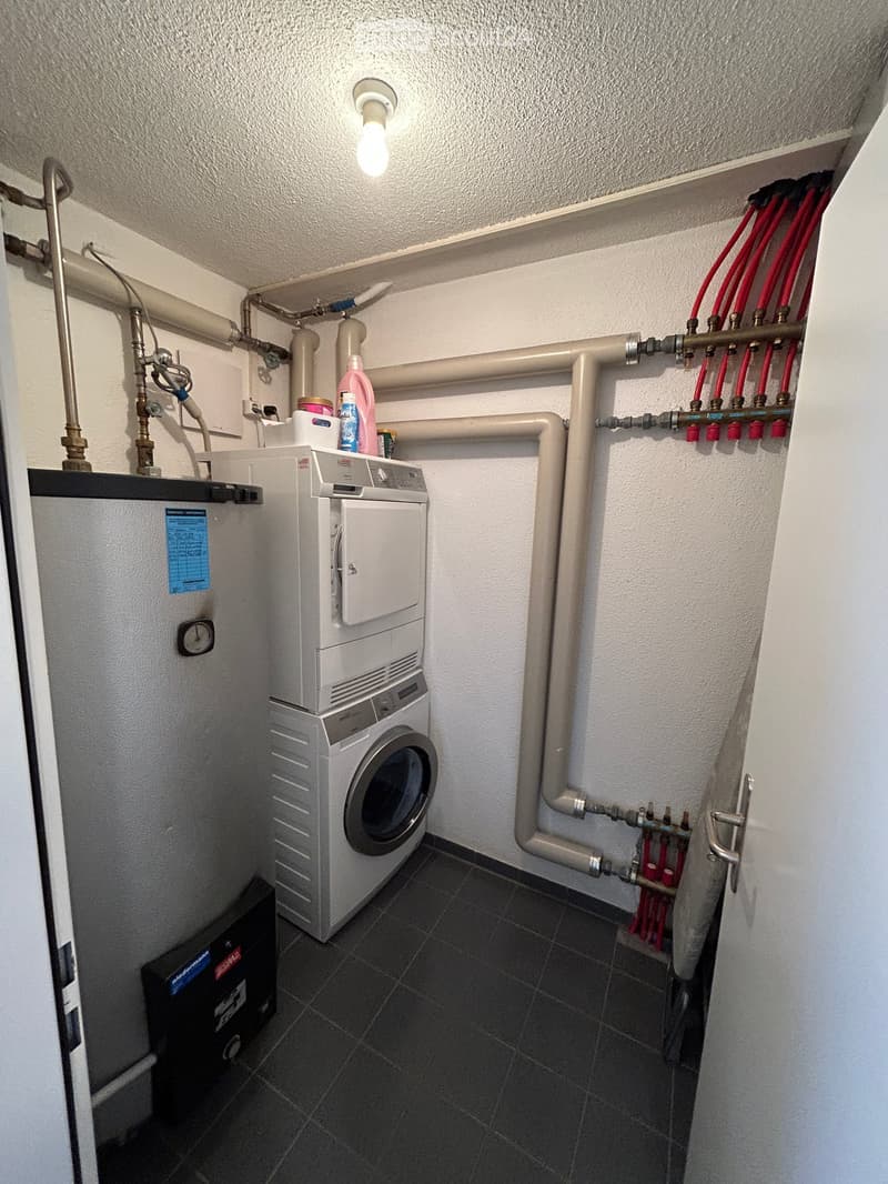 Utility room with a washing machine, dishwasher, water heater, and various pipes and valves.