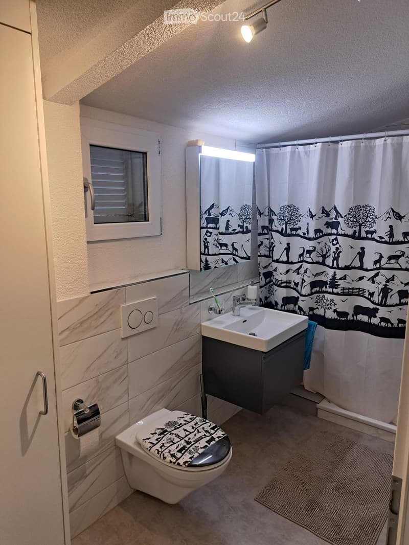 Modern bathroom with a toilet, sink, mirror, and shower curtain featuring a black and white mountain and animal design. The room includes a window with blinds, a light fixture, and a small rug on the floor.