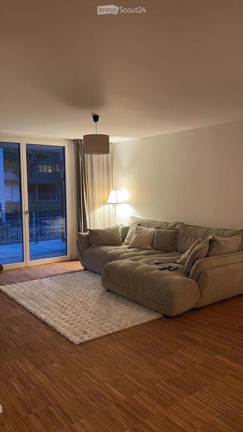 Modern living room with a large sectional sofa, floor lamp, table lamp, and remote controls on the sofa. The room features wooden flooring, a white shag rug, and large glass doors leading to a balcony.