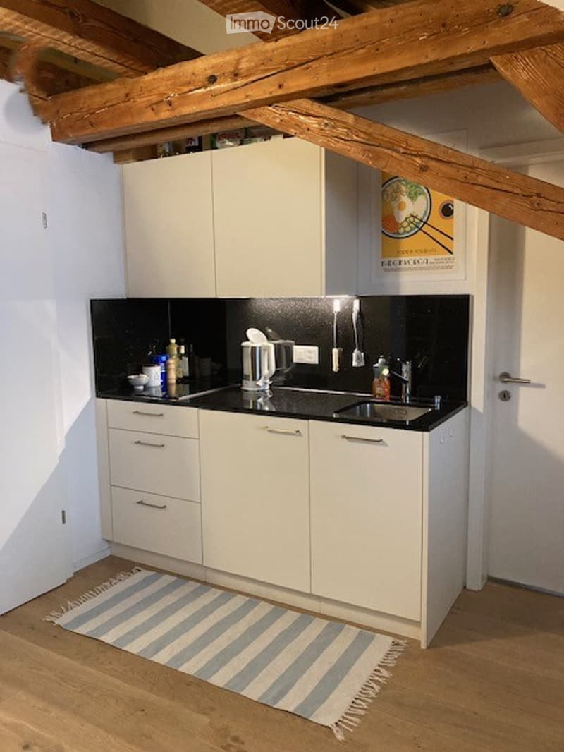 Modern kitchen with white cabinets, black countertops, stainless steel sink, coffee maker, and various small appliances. Wooden floor and striped rug.
