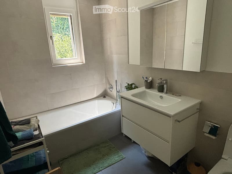 Modern bathroom with a bathtub, sink, and cabinet. Features a window with a view of greenery, a towel rack with towels, and a small plant on the sink counter.