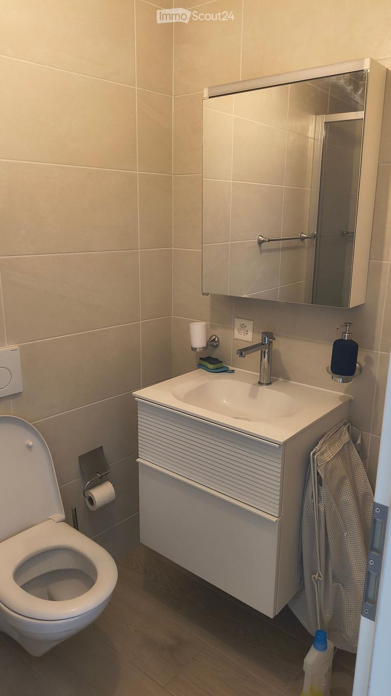 Modern bathroom with a white toilet, a sleek sink with a modern faucet, a mirror cabinet, and a towel hanging on the side.