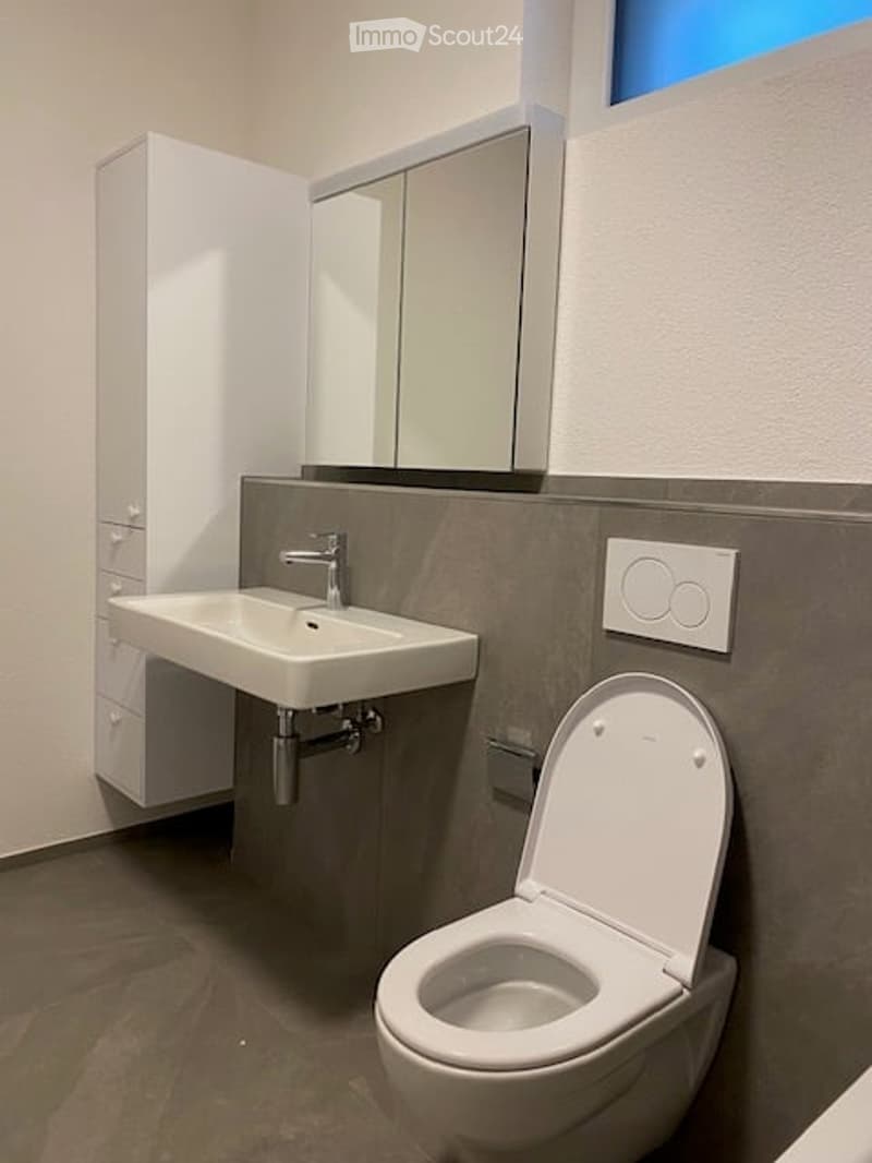 Modern bathroom with a white sink, chrome faucet, toilet, mirrored cabinet, and built-in storage cabinet.