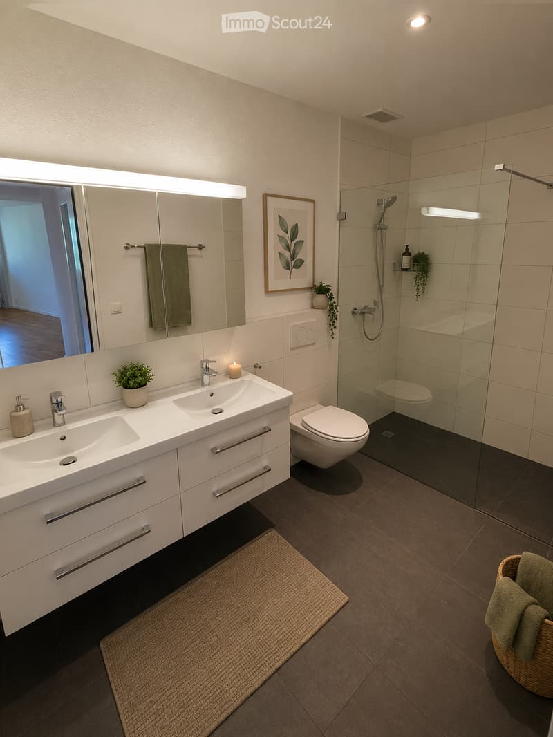 Modern bathroom with a double sink, toilet, glass-enclosed shower, large mirror, and decorative elements including a plant and a picture frame.