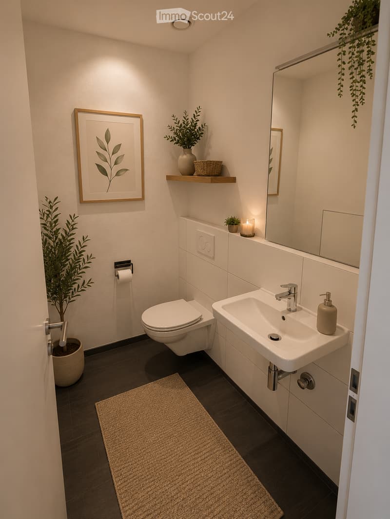 Modern bathroom with white tiles, a toilet, a sink with a modern faucet, a large mirror, a framed picture, a small plant on a shelf, and a candle. The floor is dark grey with a beige rug in front of the sink.