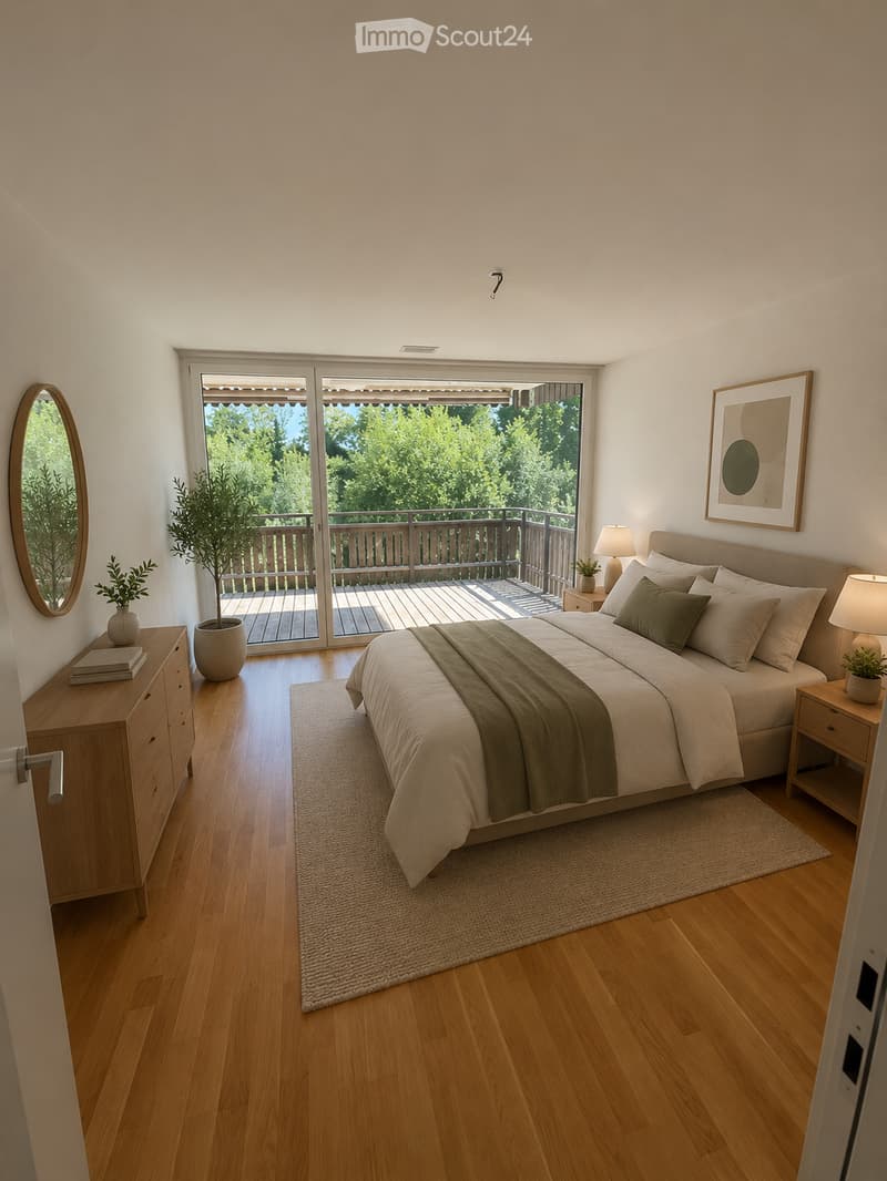 Modern bedroom with a large bed, nightstands, lamps, a dresser, a mirror, potted plants, and a view of a balcony with outdoor space.