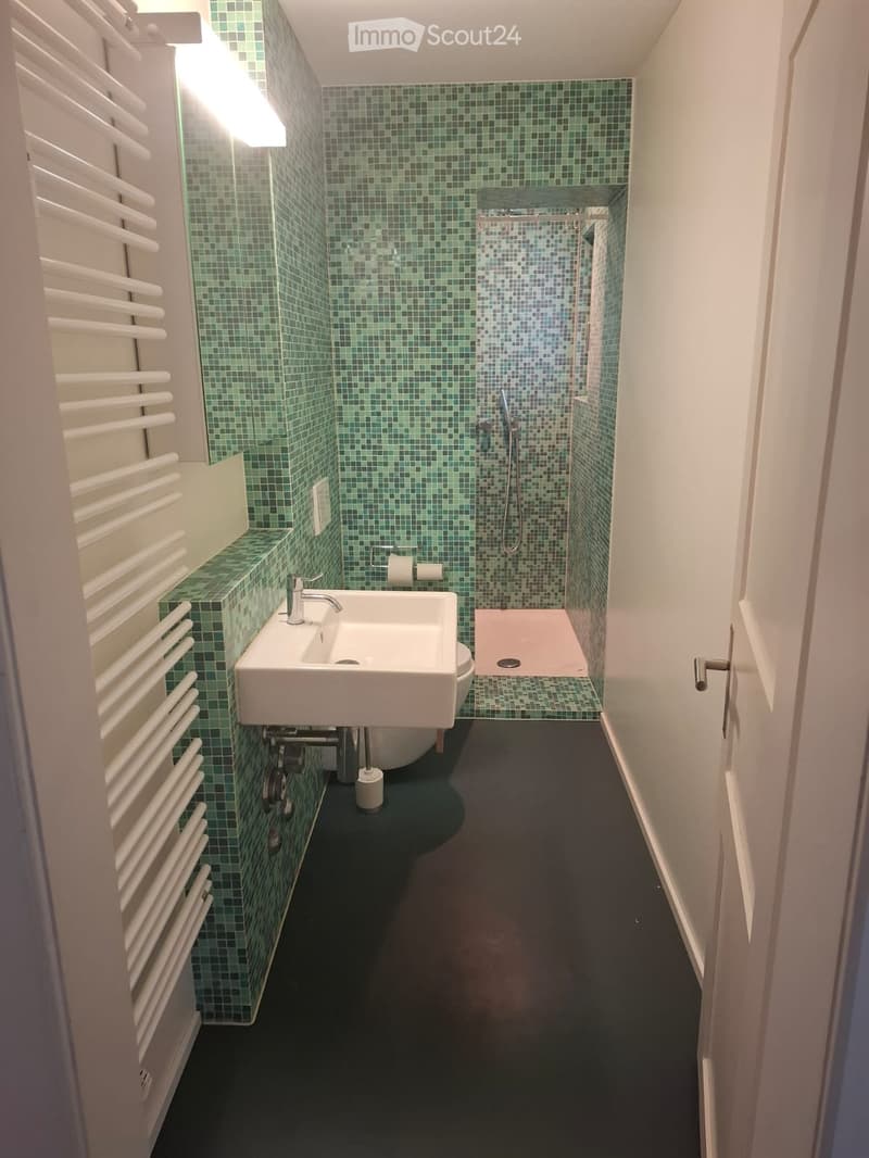 Modern bathroom with green mosaic tiles, white sink, toilet, and shower area.