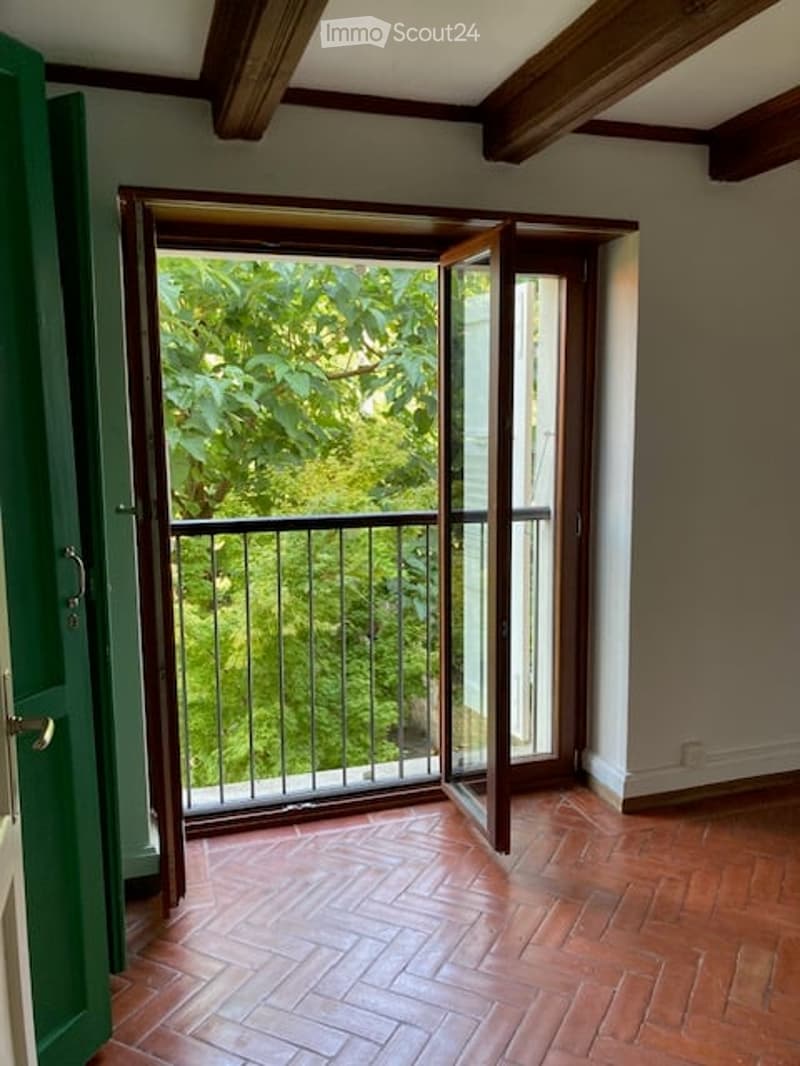 Empty room with wooden herringbone flooring, large open balcony door with metal railing, green door frame, and visible greenery outside.