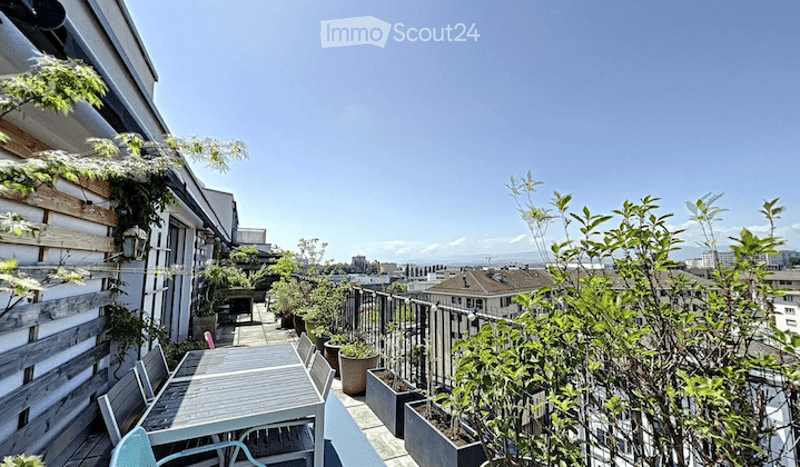 Rooftop terrace with a city view, featuring potted plants, a small table, and chairs.