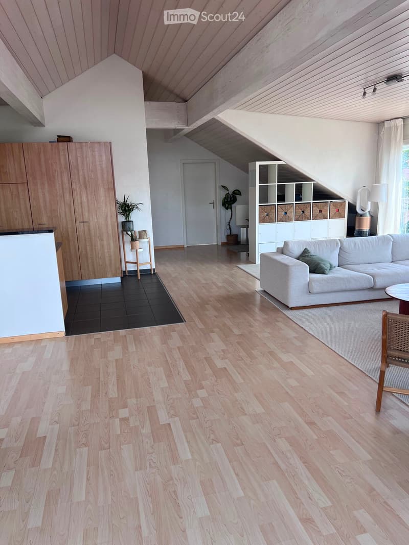 Bright living room with wooden flooring, white walls, and a slanted ceiling. Features a grey sofa, small round table, wicker chair, wooden cabinet, shelving unit, and potted plants.
