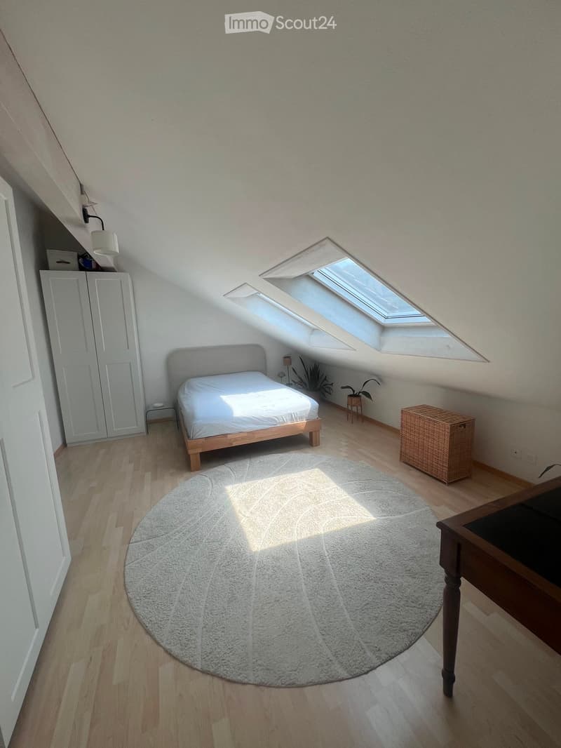 Cozy attic bedroom with wooden flooring, a round shaggy rug, a single bed, a wardrobe, a small table, and potted plants near the skylight windows.