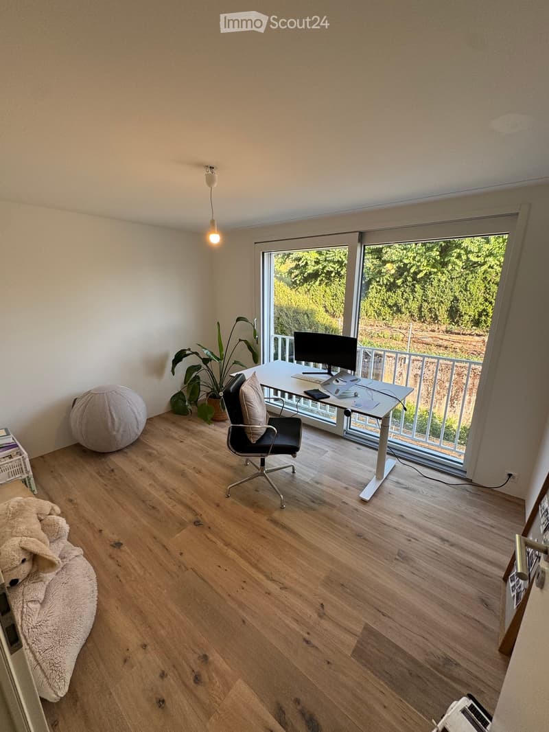 A modern, well-lit room with wooden flooring, a desk with a computer, a chair, a plant, a large window with a view, and a cozy seating area with a ball and a soft cushion.