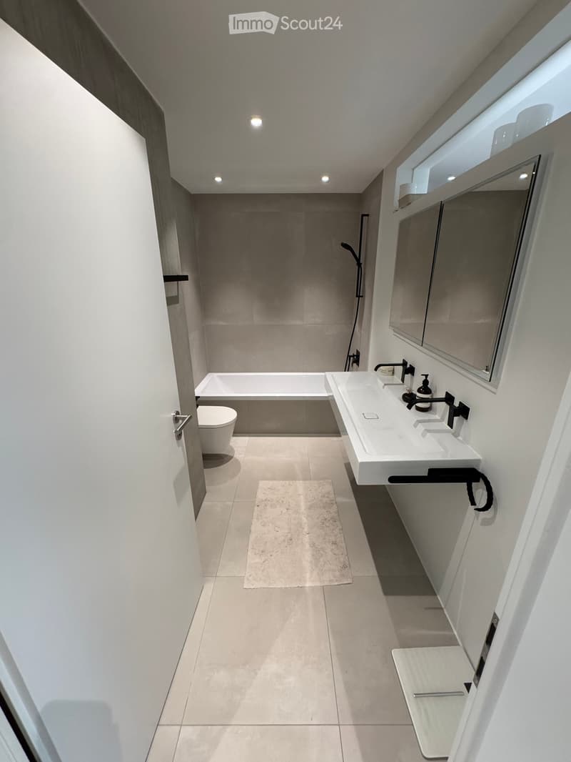 Modern bathroom with a bathtub, toilet, double sink, large mirror, and sleek fixtures.