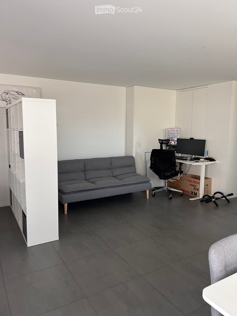 A modern, minimalist room with a grey sofa, a white desk with a computer, a black office chair, and a white shelving unit.