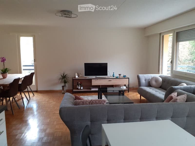 Modern living room with wooden flooring, large windows, grey sofa, coffee table, TV, dining area, and decorative items.