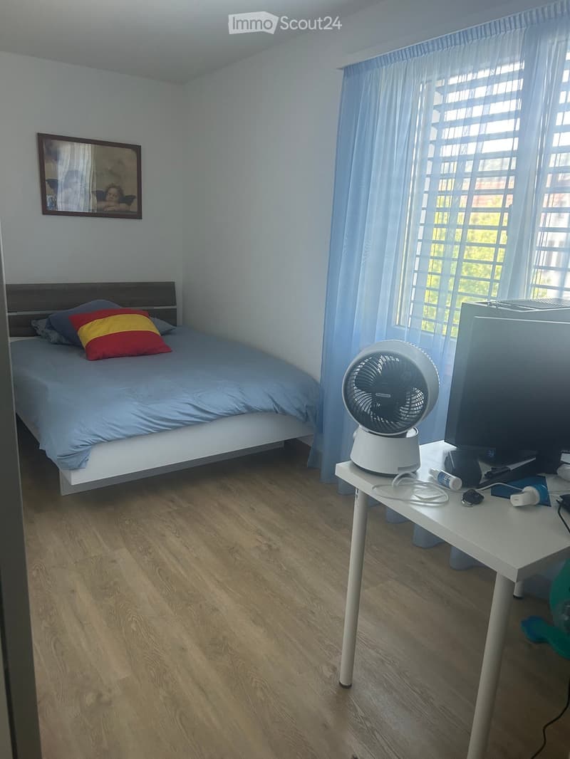 Bedroom with a bed, pillows, a fan on a table, a screen, and a mirror on the wall.
