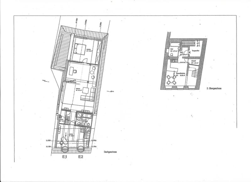 Floor plan of a two-story house with labeled rooms including living room, kitchen, bedrooms, bathrooms, and storage areas. Dimensions and floor levels are indicated.