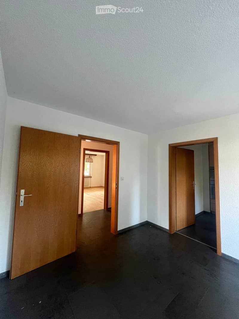 Empty room with light grey walls, dark tiled floor, and two wooden doors leading to other rooms.
