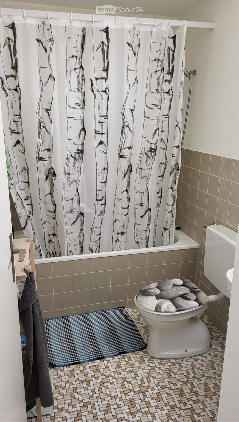 Bathroom with a toilet, bathtub, and a shower curtain with a birch tree design. The floor has a mosaic tile pattern, and there is a towel and a bathroom mat visible.