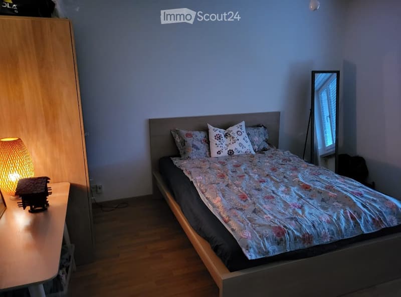 Cozy bedroom with a wooden bed, patterned bedspread, pillows, a wardrobe, a mirror, a table lamp, and a small decorative item on a side table.