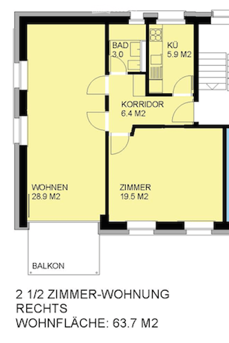 Floor plan of a 2.5-room apartment with a living area (28.9 m2), bedroom (19.5 m2), bathroom (3.0 m2), kitchen (5.9 m2), hallway (6.4 m2), and balcony.