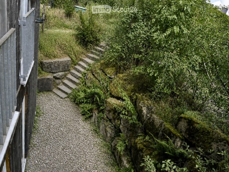 A raised garden path with stone steps leading up to a wooden deck, surrounded by lush greenery and ferns.
