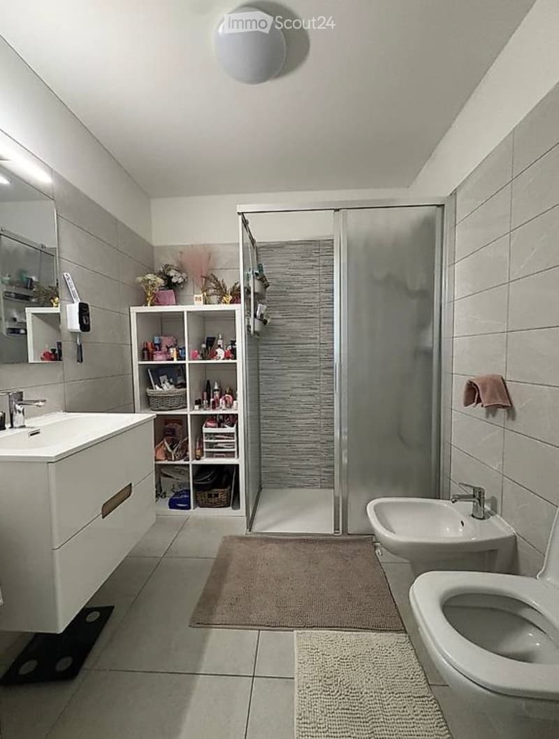 Modern bathroom with a white sink, toilet, shower, and a small shelf with various toiletries. The room features a grey tiled shower area and a white cabinet with a mirror above it.