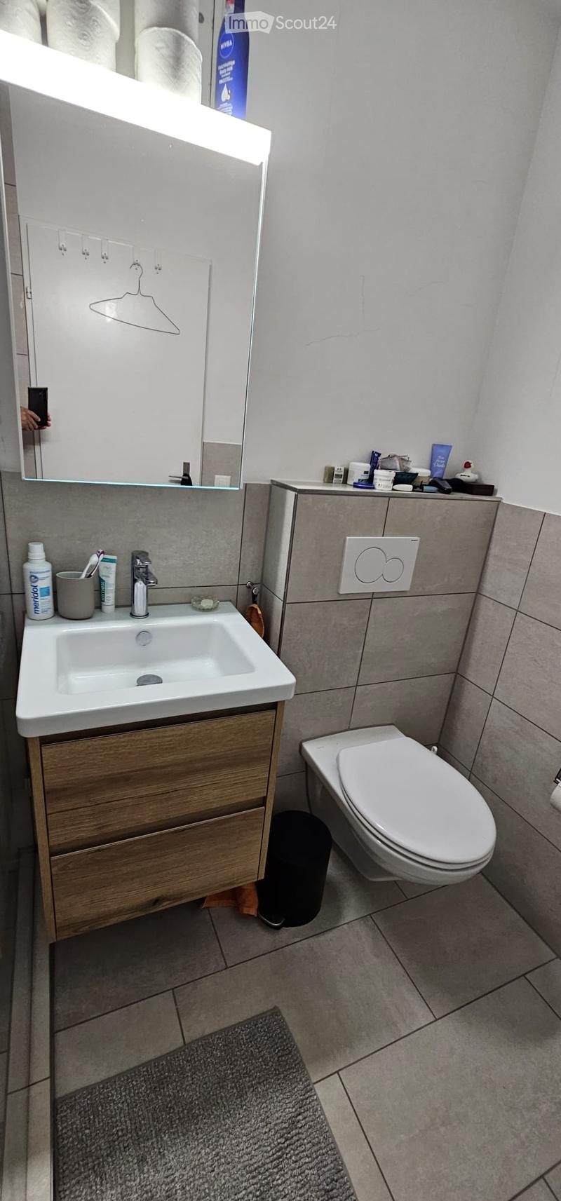 Modern bathroom with a white sink, wooden cabinet, mirror, and toilet. Includes a cup, toothbrush, toothpaste, and a bottle on the sink counter.