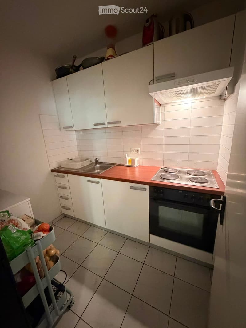 Modern kitchen with white cabinets, wooden countertops, stainless steel sink, induction stove, and oven. A small cart with groceries is visible in the foreground.