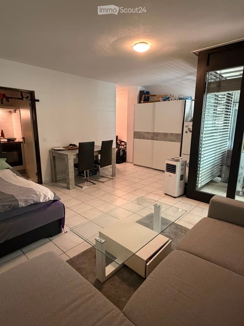A modern, well-lit studio apartment with a bed, sofa, coffee table, dining area, and a small kitchen area visible in the background.