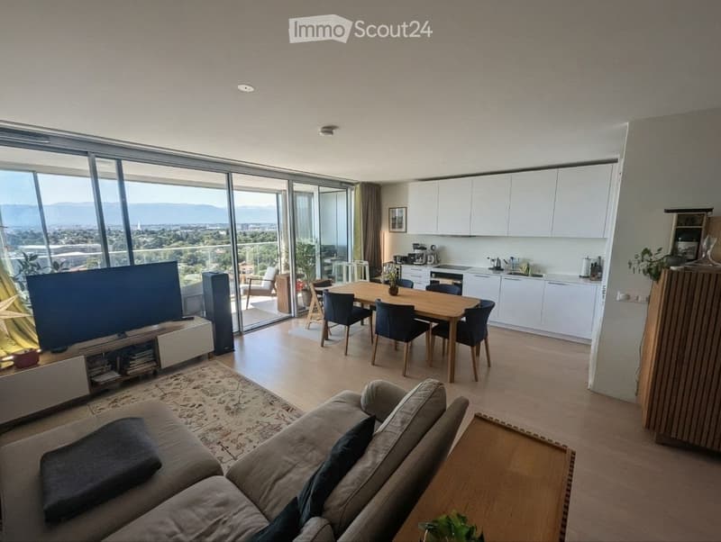 Modern open-plan living and dining area with large windows offering a scenic view, featuring a grey sofa, coffee table, dining table with chairs, and a fully equipped kitchen with white cabinets and stainless steel appliances.