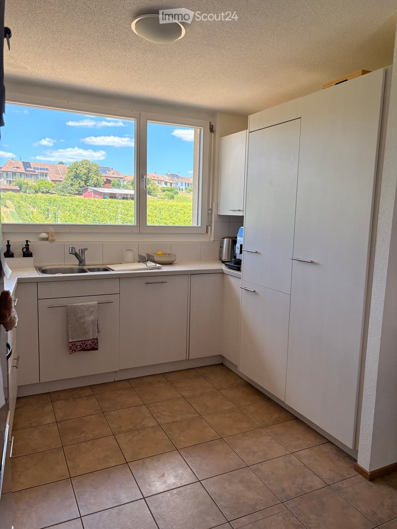 Modern kitchen with white cabinets, beige tiled floor, and large windows offering a view of a green landscape. Features a sink, faucet, cup, bowl, coffee maker, and a towel hanging on the cabinet.