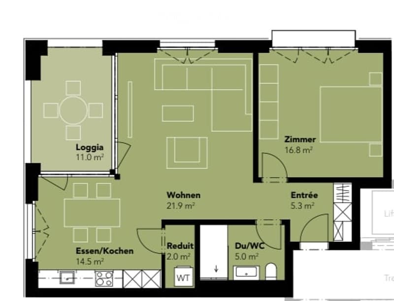 Floor plan of a 3-room apartment with a living area, kitchen, bedroom, and bathroom.