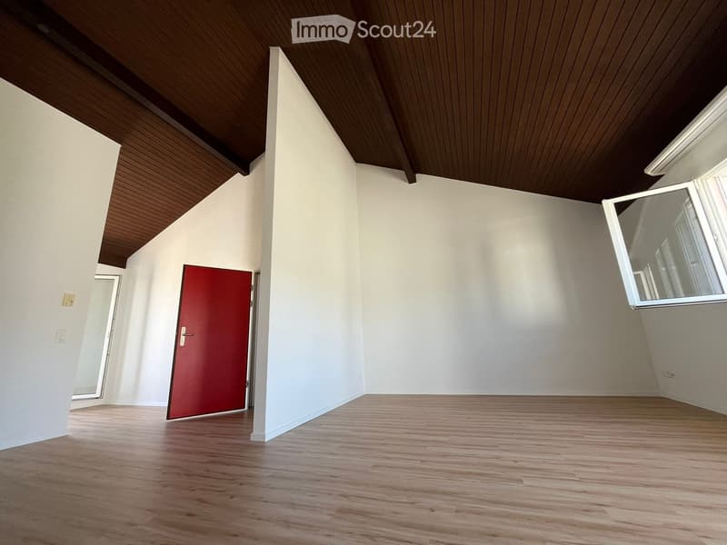 Empty room with wooden flooring, white walls, and a slanted wooden ceiling. Features a red door and large windows with white frames.