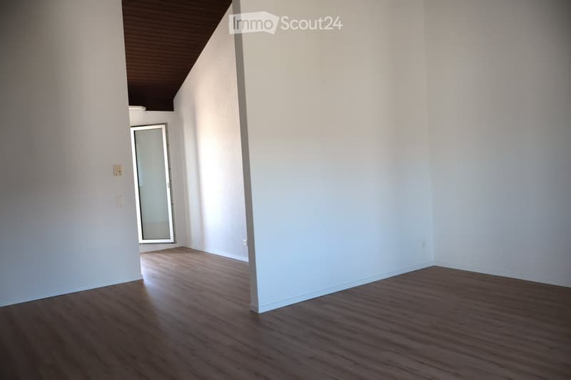 Empty room with light-colored walls, wooden flooring, and a glass door leading to another space.