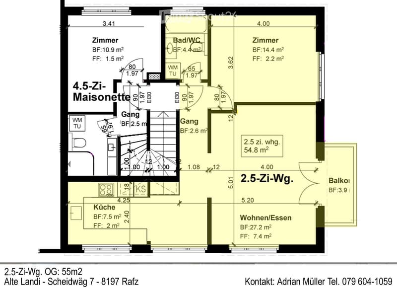 Floor plan of a 4.5-room maisonette and a 2.5-room apartment, including rooms labeled as Zimmer, Bad/WC, Küche, Wohnen/Essen, and a balcony.