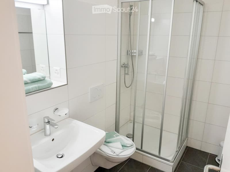 Modern bathroom with a white sink, chrome faucet, large mirror, glass-enclosed shower, and neatly folded towels.