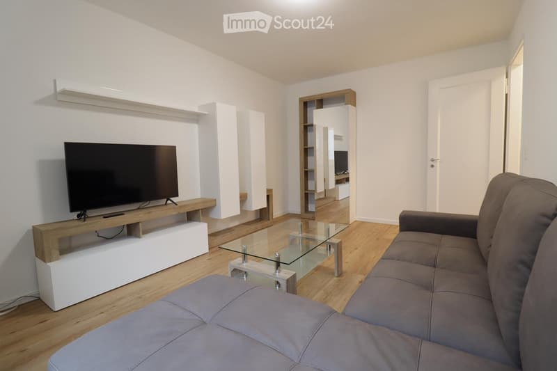 Modern living room with a grey leather sofa, a glass coffee table, a wooden TV stand with a flat-screen TV, and built-in white shelving units.