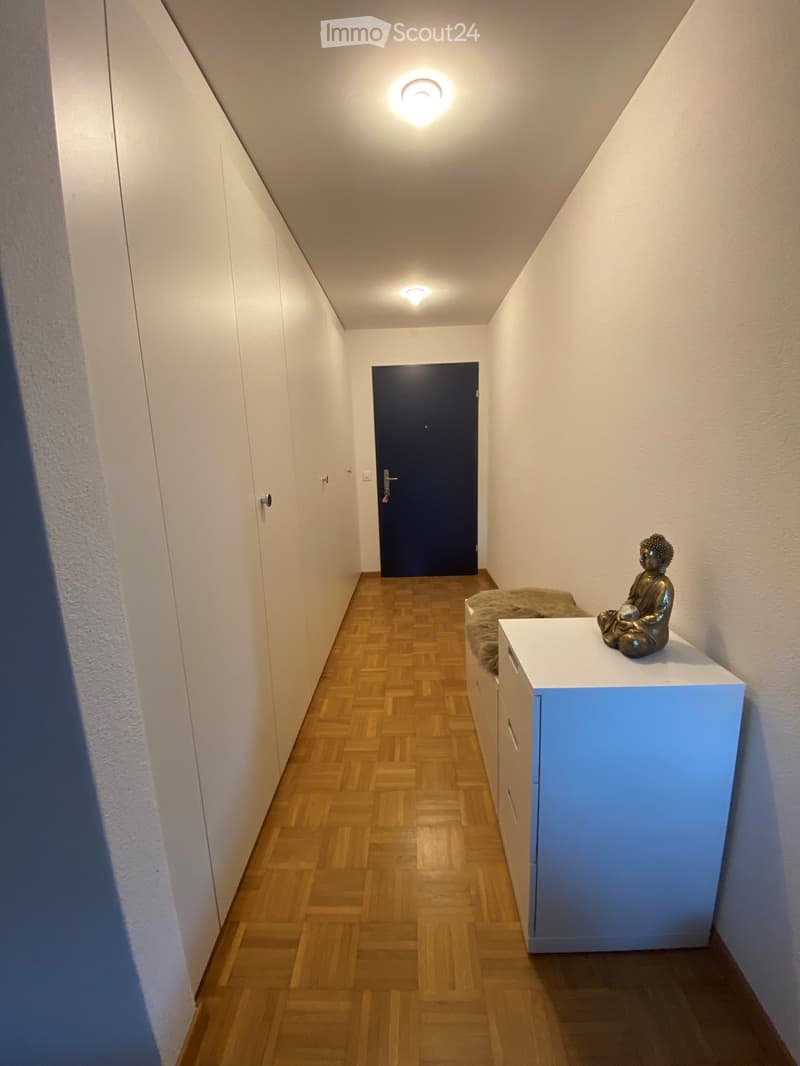 Narrow hallway with wooden flooring, white walls, built-in cabinets, and a small table with a decorative statue.