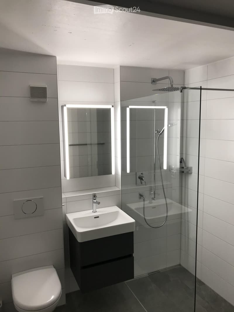 Modern bathroom with white tiles, a toilet, a sink with a modern faucet, a large mirror with built-in lighting, and a glass-enclosed shower with a handheld showerhead.