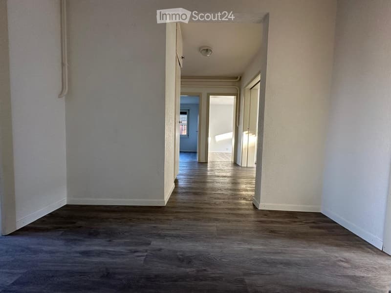 Empty hallway with wooden flooring, white walls, and several open doors leading to other rooms.