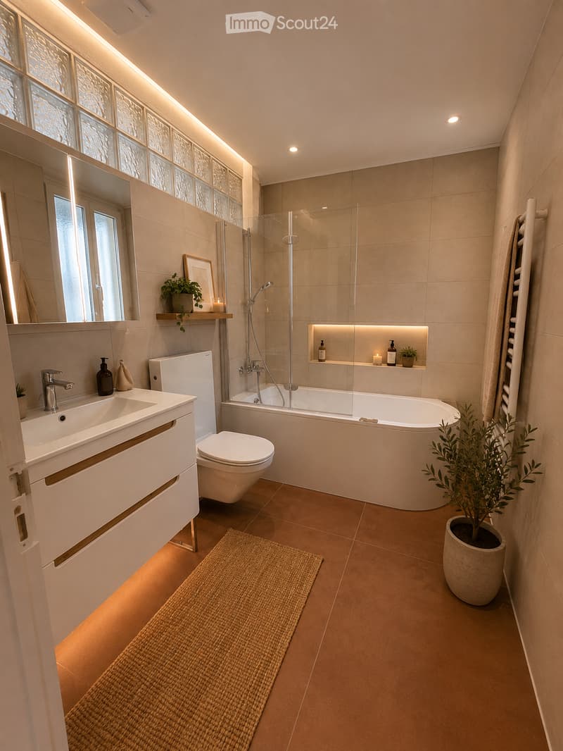 Modern bathroom with a white sink, toilet, bathtub, and a large mirror. Features include a towel rack, decorative plants, and ambient lighting.
