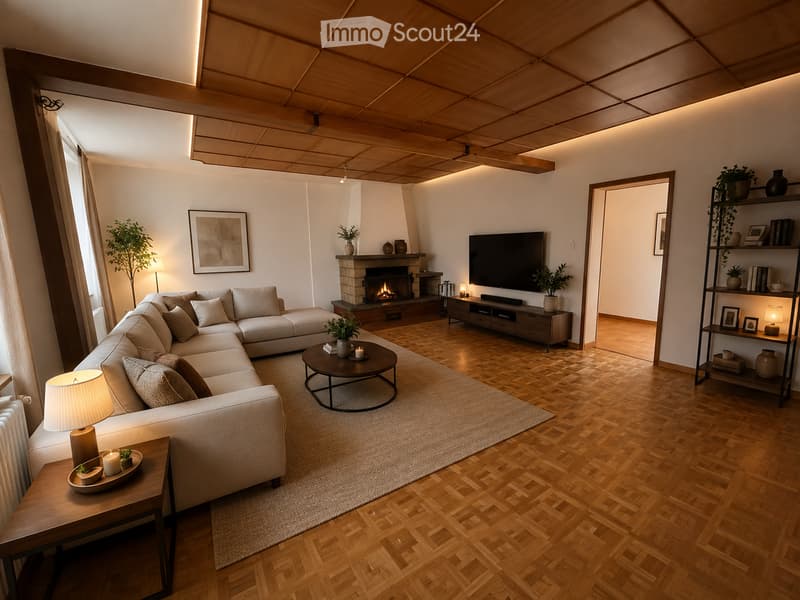 Modern living room with wooden flooring, a sectional sofa, a coffee table, a fireplace, a television, and decorative shelves.