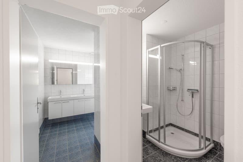Modern bathroom with white tiles, a large mirror, a double sink with cabinets, and a glass-enclosed shower stall.