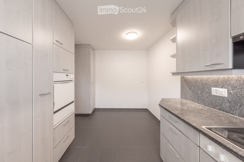 Modern kitchen with white cabinets, granite countertop, stainless steel sink, and built-in appliances.