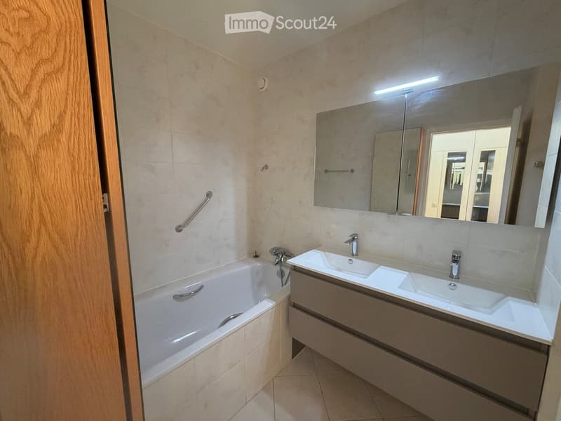Modern bathroom with a bathtub, double sink, large mirror, and built-in storage cabinet.