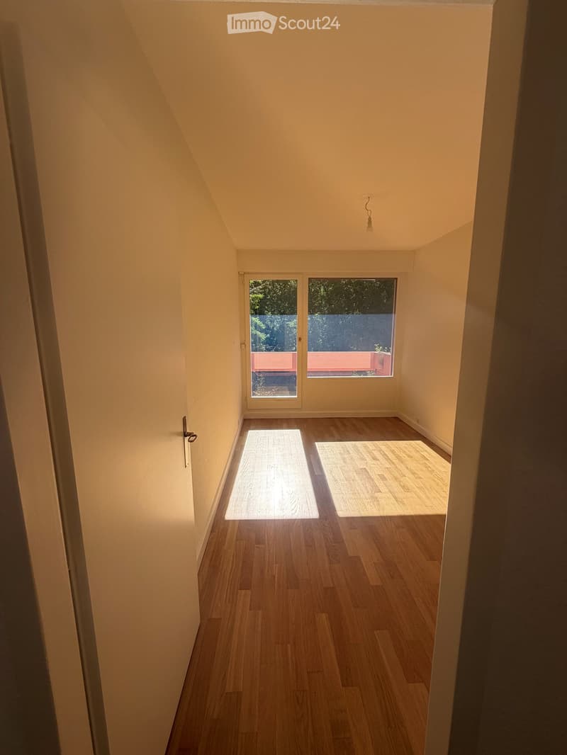 Empty room with wooden flooring, light-colored walls, and a large window with a view of a balcony area.