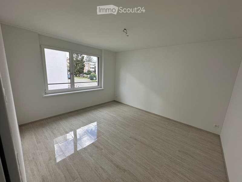 Empty room with light-colored walls and wooden flooring, featuring a large window with a view of the street.