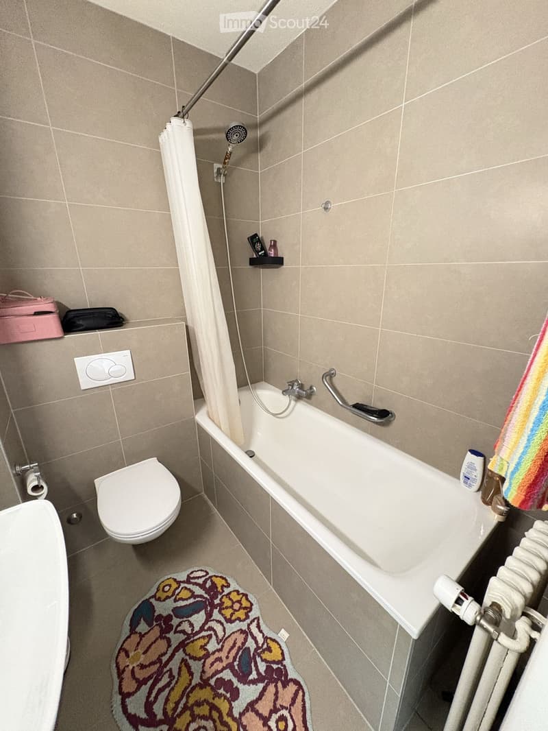 Bathroom with a bathtub, toilet, shower curtain, radiator, and a colorful bath mat. A towel and a bottle are placed on the edge of the bathtub, and a handbag is on the shelf.