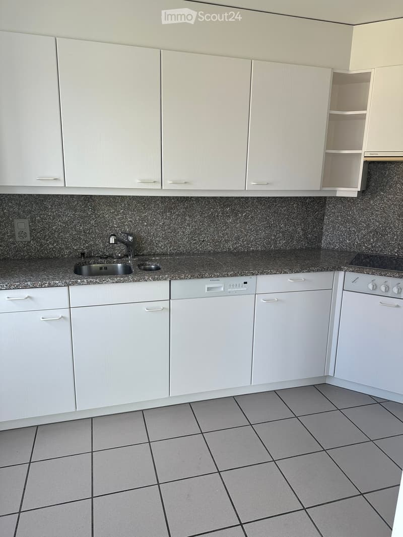 Modern kitchen with white cabinets, granite countertop, sink, dishwasher, and oven.